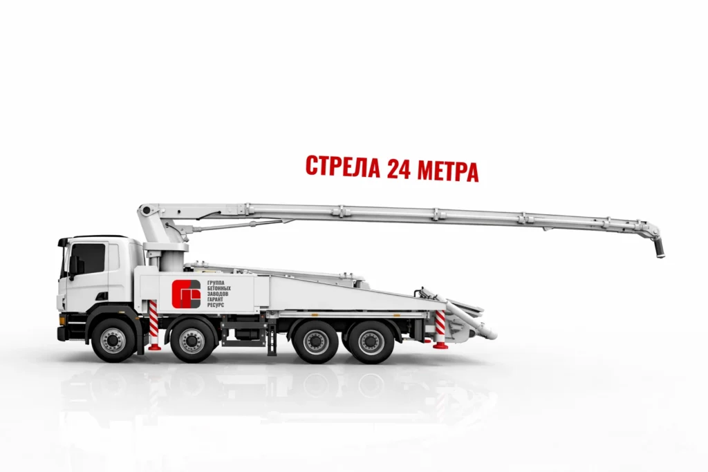Автобетононасос со стрелой 24 м для подачи бетона на строительном объекте в Щёлкове